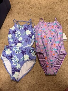 BUNDLE Purple Floral One-Piece Swimsuit & Purple Sea Life One-Piece Set